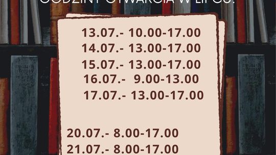Godziny otwarcia biblioteki w lipcu.