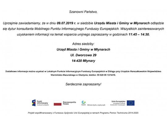 Dyżur konsultanta Mobilnego Punktu Informacyjnego Funduszy Europejskich w Urzędzie Miasta i Gminy w Młynarach