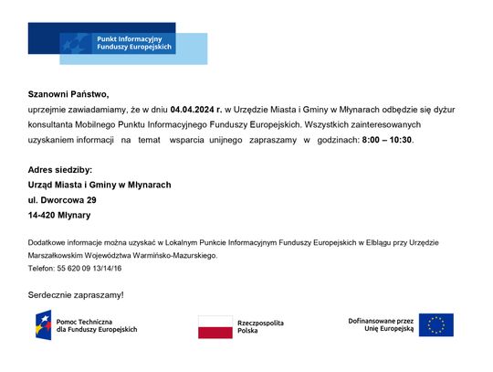 Dyżur Mobilnego Punktu Informacyjnego Funduszy Europejskich w Urzędzie Miasta i Gminy w Młynarach