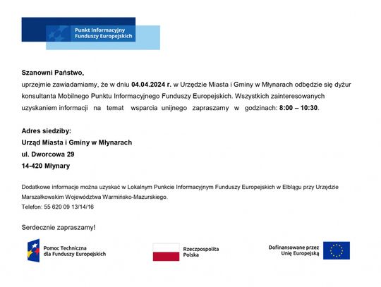 Dyżur Mobilnego Punktu Informacyjnego Funduszy Europejskich w Urzędzie Miasta i Gminy w Młynarach