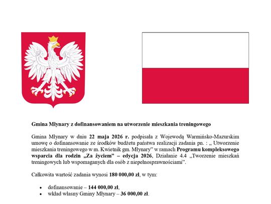 Gmina Młynary z dofinansowaniem na utworzenie mieszkania treningowego