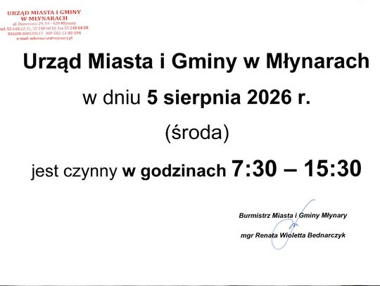 Godziny otwarcia urzędu w dniu 5.08.2026 roku