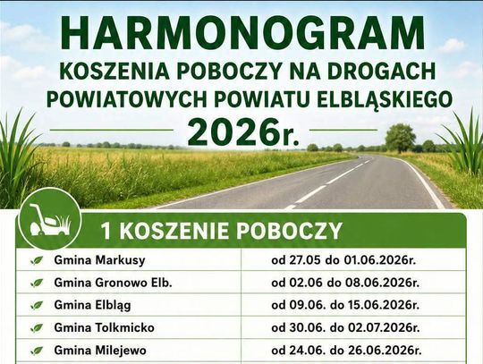 Harmonogram koszenia dróg powiatowych powiatu elbląskiego.