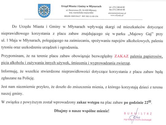 Informacja dot. parku "Majowy Gaj" w Młynarach