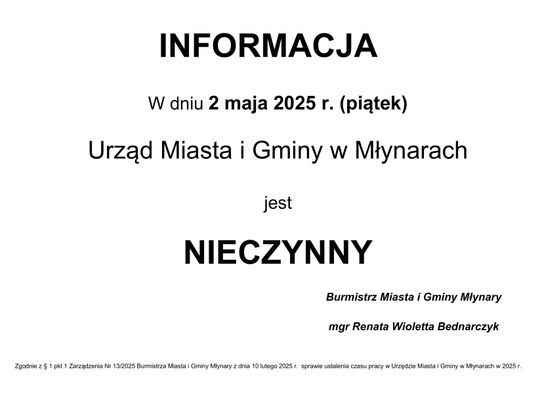 Informacja dotycząca pracy Urzędu Miasta i Gminy w Młynarach.