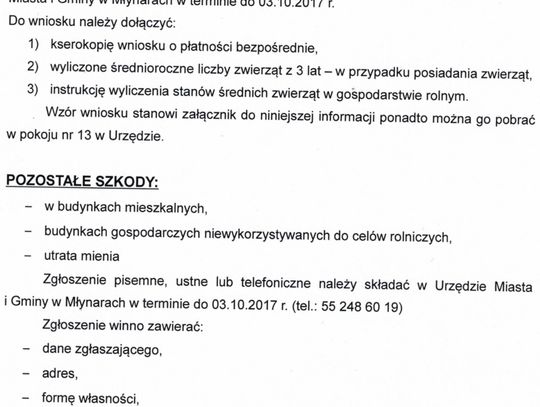 Informacja dotycząca szacowania szkód wyniku opadów w dniu 18.09.2017 r.
