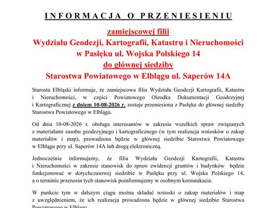 Informacja o przeniesieniu  zamiejscowej filii Wydziału Geodezji, Kartografii, Katastru i Nieruchomości.