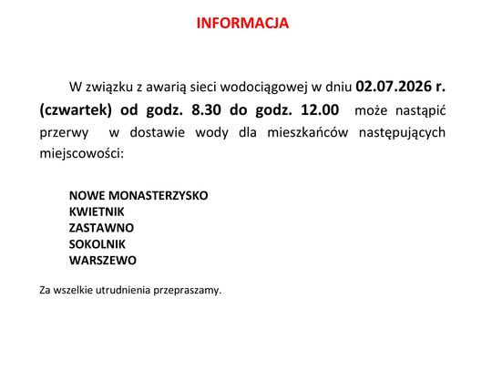 Informacja o przerwie w dostawie wody.