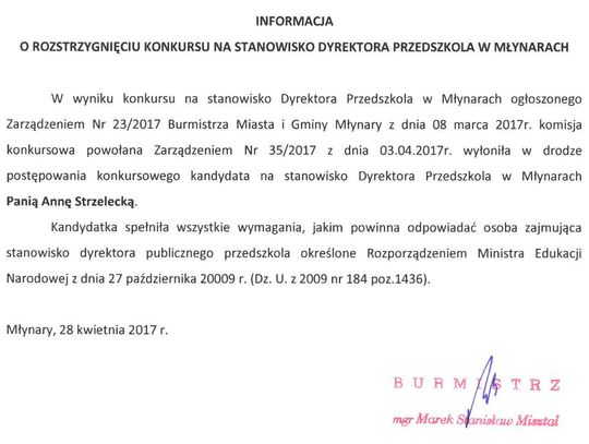 Informacja o rozstrzygnięciu konkursu na stanowisko Dyrektora Przedszkola w Młynarach