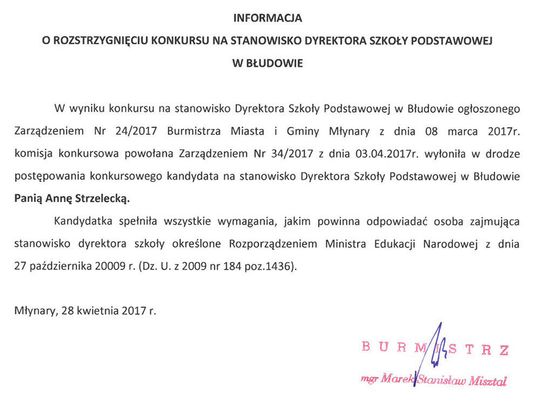 Informacja o rozstrzygnięciu konkursu na stanowisko Dyrektora Szkoły Podstawowej w Błudowie