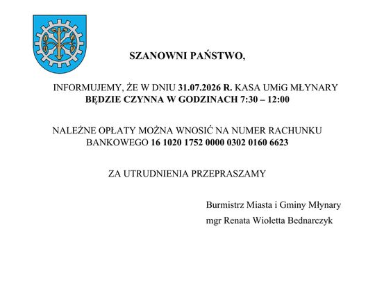 indormacja, skórcenie pracy kasy w UMiG Młynary