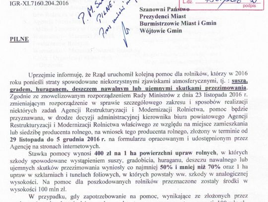 Informacja o uruchomieniu pomocy dla rolników, którzy w 2016 roku ponieśli straty spowodowane niekorzystnymi zjawiskami atmosferycznymi
