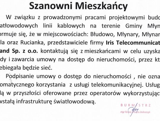 Informcja o prowadzonych pracach projektowych dotyczących budowy sieci szerokopasmowej na terenie Gminy Młynary