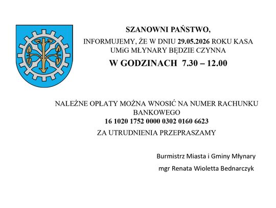 Inormacja dot. godzin otwarcia kasy urzędu w dniu 29 maja 2026 roku (piątek)