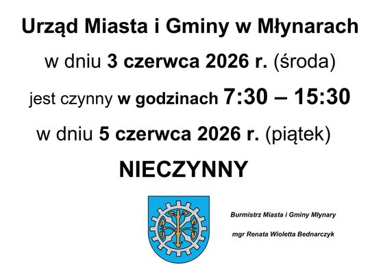 Inormacja dot. pracy UMiG w dniu 3 czerwca 2026 roku (środa) i 5 czerwca 2026 roku (piątek)