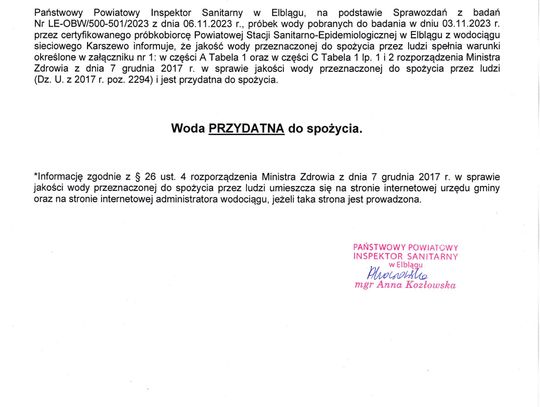 Komunikat Państwowego Powiatowego Inspektora Sanitarnego o przydatności wody do spożycia.