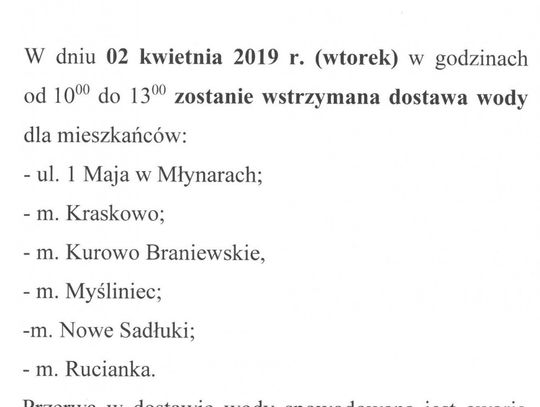 Komunikat w sprawie wstrzymania dostawy wody