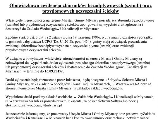 Komunikat Zakładu Wodociągów i Kanalizacji w Młynarach