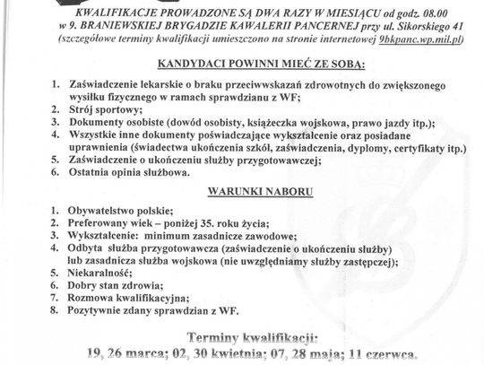 KWALIFIKACJA DO SŁUŻBY ZAWODOWEJ NA STANOWISKA W KORPUSIE SZEREGOWYCH
