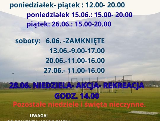 OBIEKTY SPORTOWE-GODZINY OTWARCIA CZERWIEC 2026