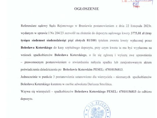 Ogłoszenie.