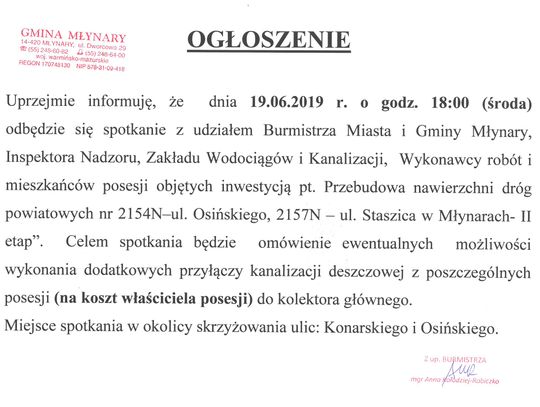 Ogłoszenie o spotkaniu dotyczącym przebudowy dróg na ul. Staszica i Osińskiego