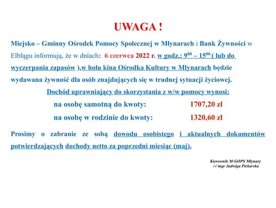Ogłoszenie o wydawaniu żywności.