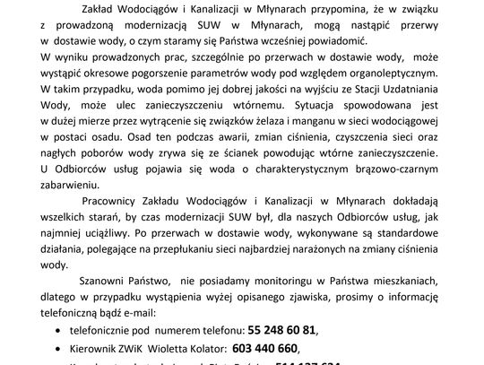Ogłoszenie - przypomnienie. Dotyczy utrudnień związanych z modernizacją procesu technologicznego w Stacji Uzdatniania Wody w Młynarach.
