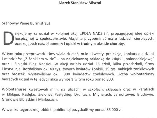 Podziękowanie Stowarzyszenia na Rzecz Hospicjum Elbląskiego za udział w akcji "POLA NADZIEI"
