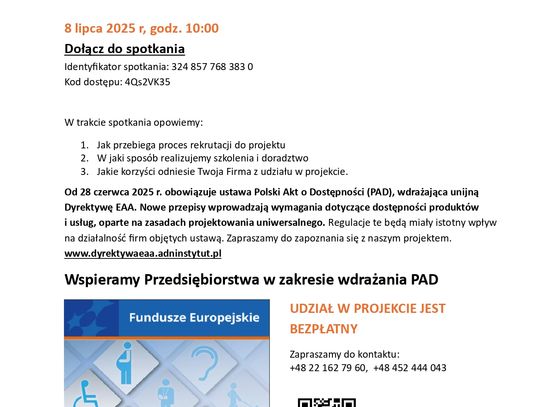 Spotkanie informacyjne w ramach projektu „Dyrektywa EAA szkolenia i doradztwo dla przedsiębiorstw”.