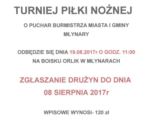 TURNIEJ PIŁKI NOŻNEJ O PUCHAR BURMISTRZA MIASTA I GMINY MŁYNARY