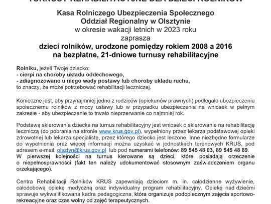 Turnusy Rehabilitacyjne dla dzieci rolników.