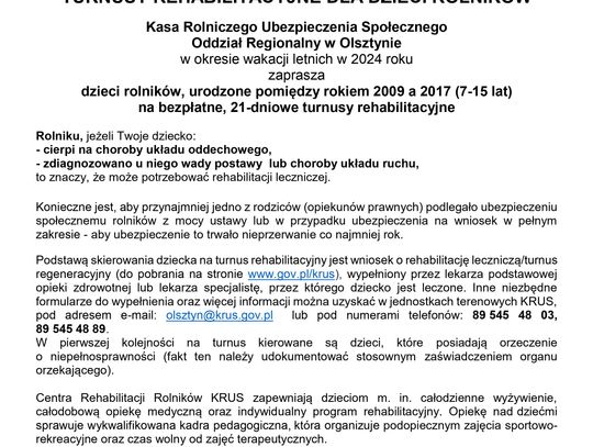 Turnusy rehabilitacyjne dla dzieci rolników.