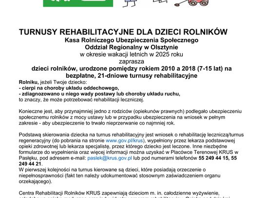 Turnusy rehabilitacyjne dla dzieci rolników.