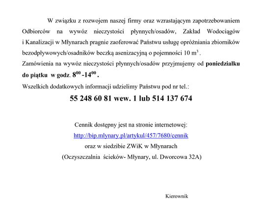 Usługa opróżniania zbiorników bezodpływowych.