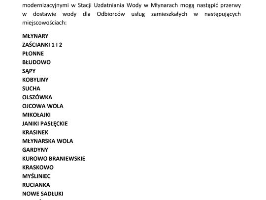 Uwaga! Możliwa przerwa w dostawie wody.