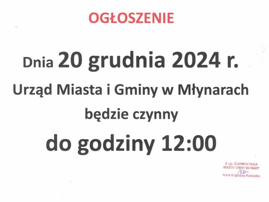 Uwaga! W dniu 20 grudnia Urząd czynny do godziny 12.