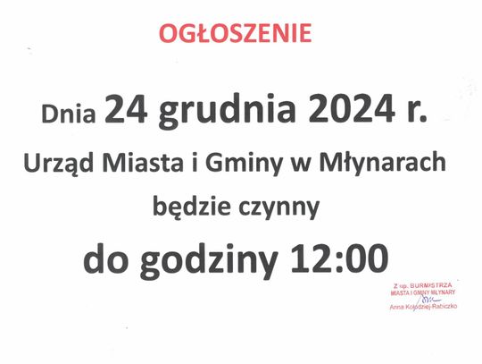 Uwaga! W dniu 24 grudnia Urząd czynny do godziny 12.
