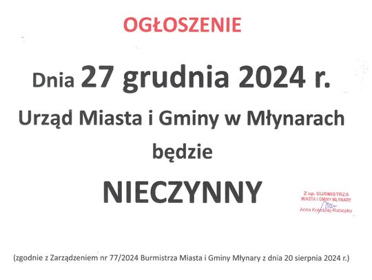 Uwaga! W dniu 27 grudnia Urząd Miasta i Gminy w Młynarach bedzie nieczynny.