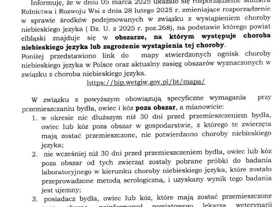 Ważny komunikat Powiatowego Lekarza Weterynarii w Elblągu dla hodowców bydła, owiec i kóz w sprawie choroby niebieskiego języka