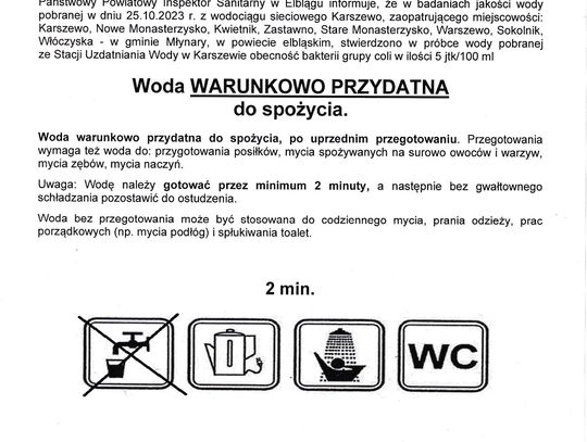 Ważny komunikat!!! Woda warunkowo zdatna do picia w wodociągu Karszewo.