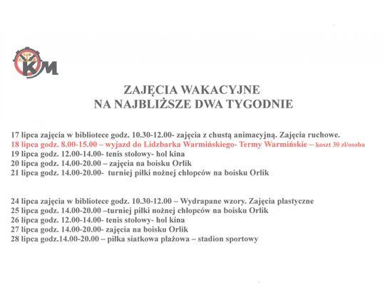 ZAJĘCIA WAKACYJNE NA NAJBLIŻSZE DWA TYGODNIE