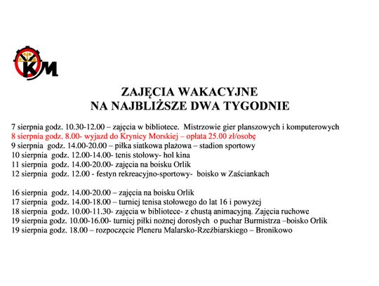 ZAJĘCIA WAKACYJNE Z OŚRODKIEM KULTURY NA NAJBLIŻSZE 2 TYGODNIE 