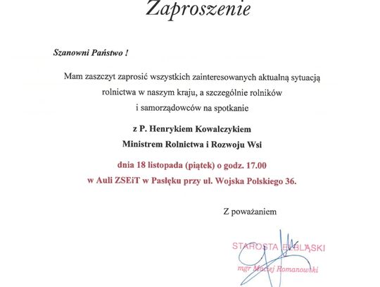 Zapraszamy na spotkanie z Ministrem Rolnictwa i Rozwoju Wsi.