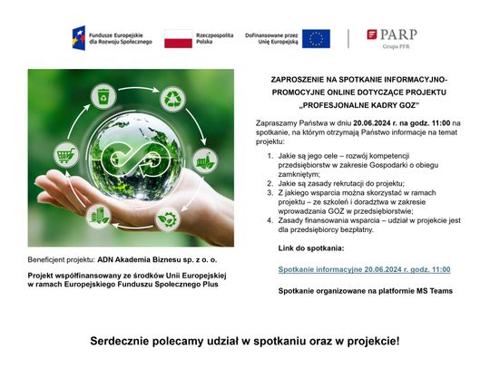 Zaproszenie na spotkanie informacyjno-promocyjne online dotyczące projektu "PROFESJONALNE KADRY GOZ"