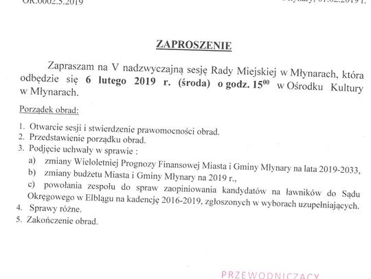 Zaproszenie na V Sesje Rady Miejskiej w Młynarach