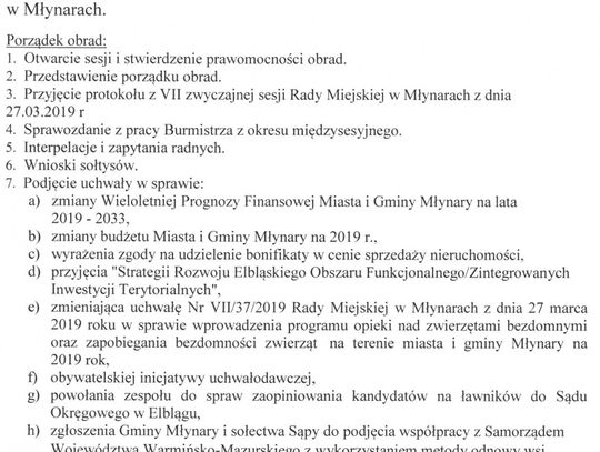 Zaproszenie na VIII Zwyczajną Sesję Rady Miejskiej w Młynarach
