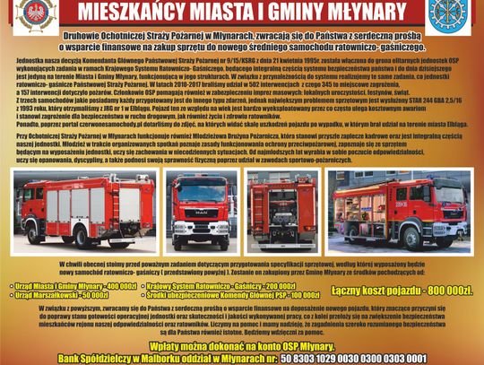 Zbiórka na doposażenie do nowego średniego samochodu ratowniczo-gasniczego dla OSP Młynary