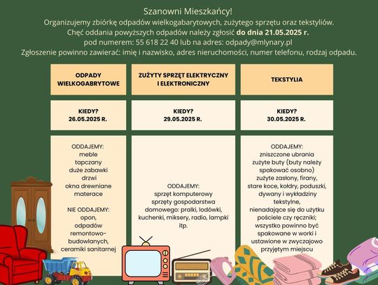 Zbiórka odpadów wielkogabarytowych - zgłoszenia do 21.05.2025 r. 