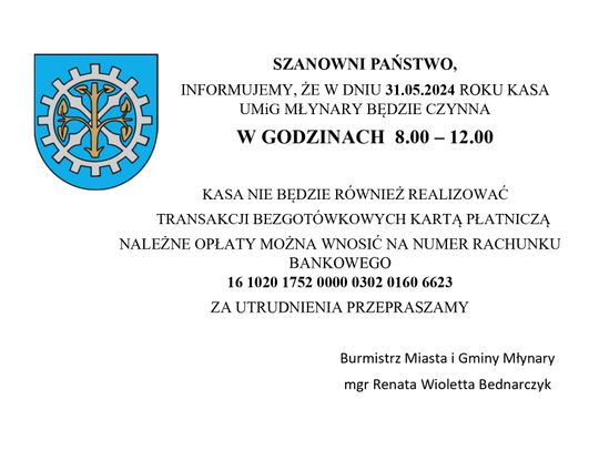 Zmiana godzin pracy kasy urzędu w dniu 31.05.2024 r.